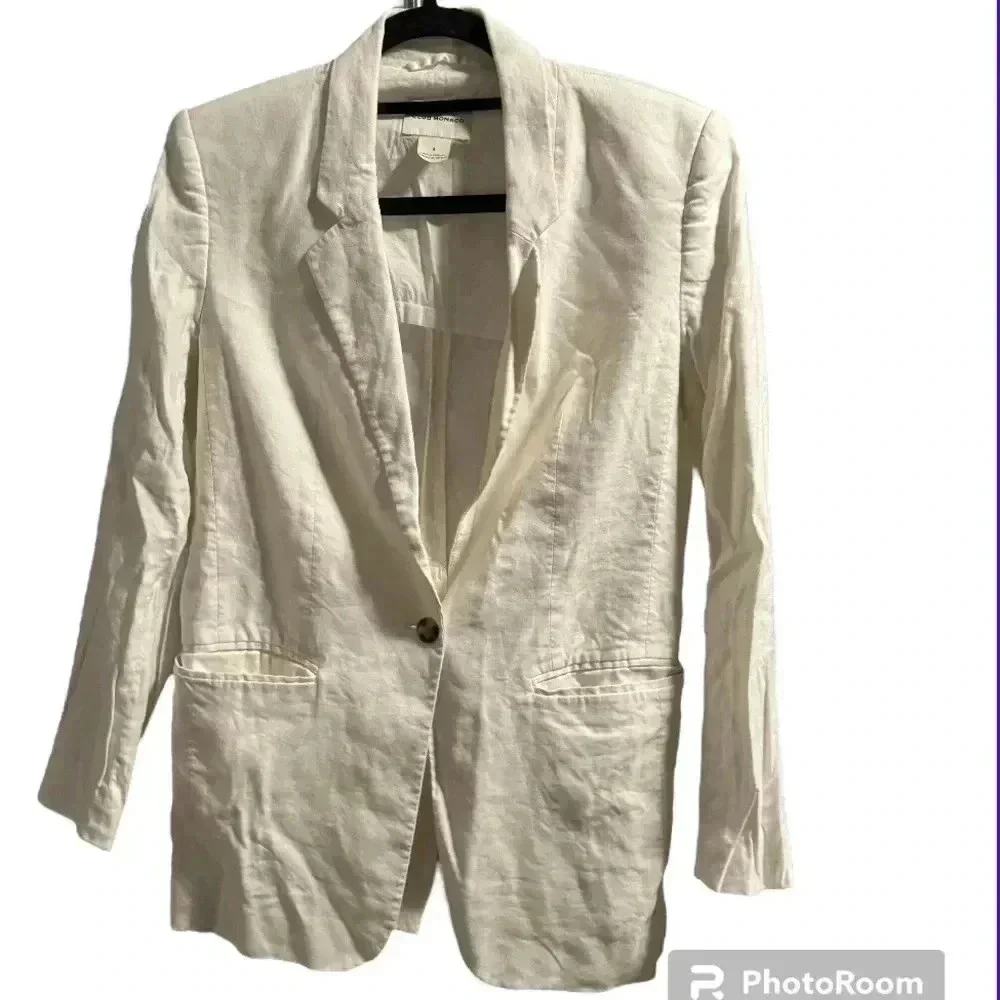 Club Monaco Linen Blazer Long Sleeves Front Button Collared Neck Ivory Size 4